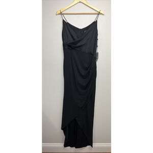 Adrianna Papell Full Length Gown Maxi Formal Dress 8 Black Hi Low V Neck Ruched